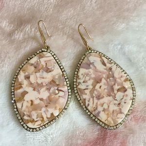 Crystal Encrusted mother of pearl beige Lucite Earrings NWOT Francescas 3x1.5”